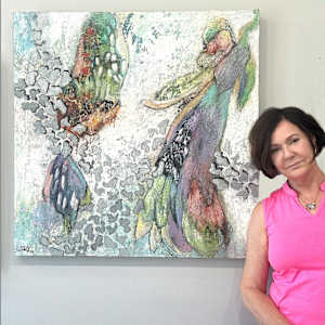 Sacred Renewal by Shirley Williams  Image: artist standing in front of Sacred Renewal painting