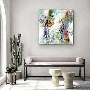 Sacred Renewal by Shirley Williams  Image: Sacred Renewal painting shown hung over bench