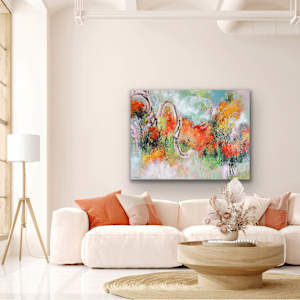 Tangerine Dream by Shirley Williams  Image: Tangerine Dream shown hung over white sofa