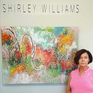 Tangerine Dream by Shirley Williams  Image: artist standing in front of Tangerine Dream