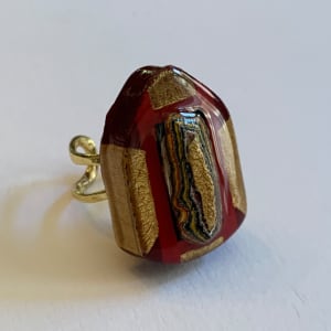 gold red burgundy house shaped ring by Paul Guillemette