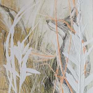 Wait for Me Here (V.E. 2) by Maureen Shaughnessy  Image: Detail of Fox and embossed grasses and buffalo sage stems