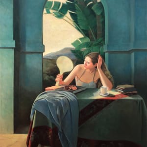 Model Holding Mirror, Blue Wall by Ethel Fisher, Image 6.