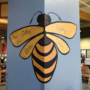 2025 Honeybee Mural by Frances Byrd  Image: Worker bee with sponsored dedications on wings
Approximately 3x4 feet
Located at ground level