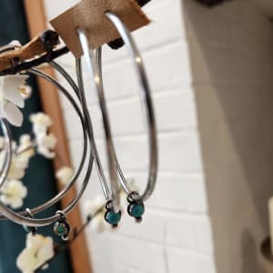 "Infinite Simplicity Hoops" - Lightweight Sterling Silver Hoop Earrings with Kingman turquoise and sawtooth bezel - Art Is - 1 of 3 by Shasta Brooks  Image: All Art © Shasta Brooks Studio LLC