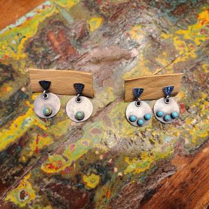 "Rustic Rounds" with Triple 4 mm Kingman Cabochons, Sawtooth Bezels, and Stamped Triangle Post Sterling Silver Earrings - Art Is by Shasta Brooks  Image: All Art © Shasta Brooks Studio LLC
