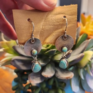 "Rustlerina Earrings" - Asymmetrical Kingman Turquoise Drops Sway from Rustic Discs on French Wires by Shasta Brooks  Image: All Art © Shasta Brooks Studio LLC