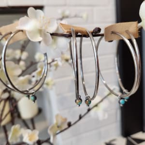 "Infinite Simplicity Hoops" - Lightweight Sterling Silver Hoop Earrings with Kingman turquoise and sawtooth bezel - Art Is - 2 of 3 by Shasta Brooks  Image: All Art © Shasta Brooks Studio LLC