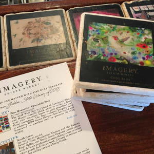 Imagery Winery, Code Blue, 2017 by Laura Ball  Image: Imagery prints images from the wine labels on coasters and prints for purchase in the tasting room.