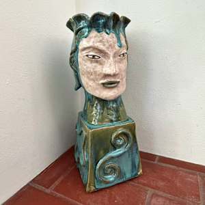 Large Flowing Tourquoise Head Vase with Beautiful Drip by Nell Eakin 