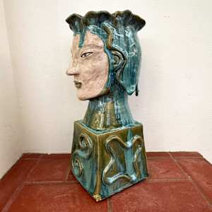 Large Flowing Tourquoise Head Vase with Beautiful Drip by Nell Eakin 