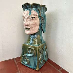 Large Flowing Tourquoise Head Vase with Beautiful Drip by Nell Eakin 