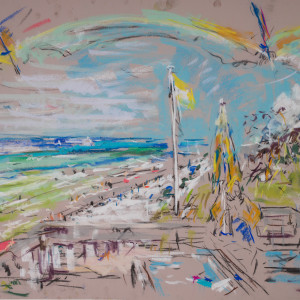 View of Inlet Beach Under Umbrella and Yellow Flag by Miriam McClung