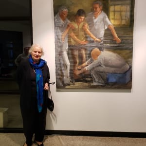 Learning to Walk Again by Miriam McClung  Image: Miriam McClung with her work "Learning to Walk Again" at Jacksonville State University 2019 Solo Exhibition.  