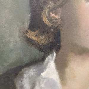 Woman in the White Blouse by Miriam McClung  Image: Not color correct. Showing darker spots that may need cleaning or retouch.