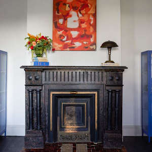 Orange Abstract by Miriam McClung  Image:  A reproduction of Miriam's 1959 work "Orange Abstract" on HGTV's Cheap Old Houses which aired in Season 1 Episode 4 “Harmonious Old Home” which aired Jun 11, 2024.