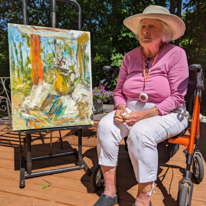 The Copper Pitcher by Miriam McClung  Image: Miriam with the painting when she had completed it.