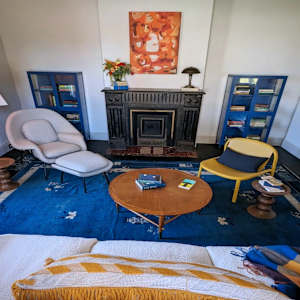 Orange Abstract by Miriam McClung  Image: A reproduction of Miriam's 1959 work "Orange Abstract" on HGTV's Cheap Old Houses which aired in Season 1 Episode 4 “Harmonious Old Home” which aired Jun 11, 2024.