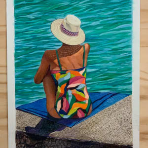 Dreamy by Renee Reid  Image: This seaside view original drawing Dreamy by Renee Reid leaves you feeling reflective, like this woman sitting at the beach. Her stillness as she stares at the ocean waves brings a sense of calm and peace. The vibrant colors of her swimsuit and the blues of the ocean give a sense of underlying strength. 

This one-of-a-kind colored pencil drawing is the perfect companion to any room in your home or a soothing presence in the office.