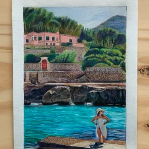 Carefree by Renee Reid  Image: This rich ocean view original drawing <span>&nbsp;</span>titled Carefree&nbsp;by Renee Reid features a woman at the beach taking in the beauty of Cala Molins in Mallorca, Spain. She looks around in awe of her surroundings - shades of blues, the ocean waves crashing in the background, and the sea breeze grazing her skin. 

This one-of-a-kind colored pencil is the perfect seaside drawing to calm the senses and embrace a bit of the carefree attitude.