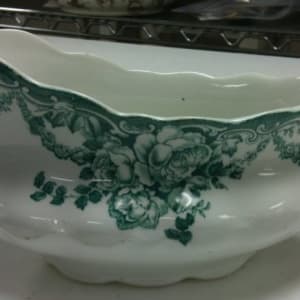 Green and White Floral Gravyboat by Alfred Meakin