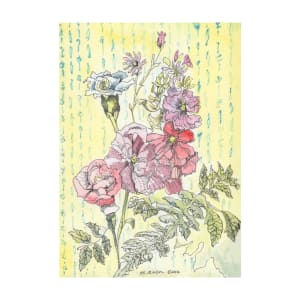 Floral Burst 7 by Helena Kuttner-Giasson  Image: Floral Burst 7 is a miniature watercolor floral painting with pen and ink touches of pink carnations hints of snapdragon, a daisy and accented with fern against a vintage wall paper inspired background.