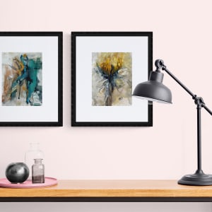 Hand Tied by Carolyn Wonders  Image: "Hand Tied" and "Study in Green and Gold" on a wall together