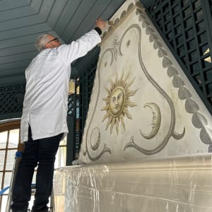 Celestial Sgraffito Fresco Fireplace Mantel (Liebe Fresco) by iLia Fresco  Image: Final touches - olive soap seal