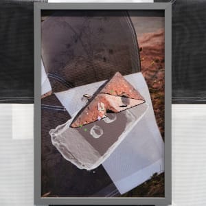 to become an echo by Michael Webster  Image: inkjet print of digital rendering, drone survey markers
    
    The 3D scanned bricks were photographed upon the drone markers used in the digital mapping of space. This is a single image from a series of prints.