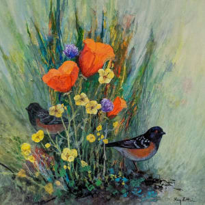 Towhee and Wildflowers by Floy Zittin
