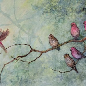 Purple Finches and a Chickadee by Floy Zittin