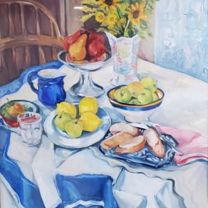 Still Life with Mother's Tablecloth by Paula Hauser-Leffel