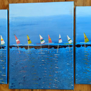 'Flotilla' Acrylic Triptych Sailboat Scene by Wilmington Art Gallery