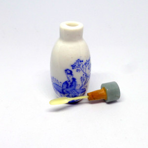 Round Porcelain Chinese Blue and White Snuff Bottle with Painting of a Lady and Stone Topper by Tristina Dietz Elmes 