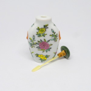 Oval Porcelain Chinese Snuff Bottle with Colorful Flower Painting and Jade Topper by Tristina Dietz Elmes 