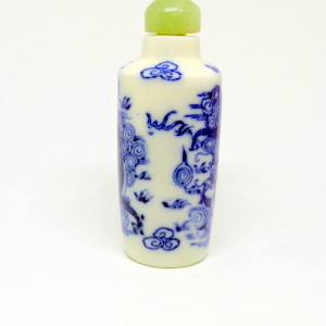 Round Porcelain Chinese Blue and White Snuff Bottle with Painting of Dragons and Stone Topper by Tristina Dietz Elmes 