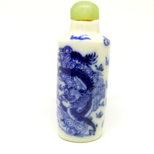 Round Porcelain Chinese Blue and White Snuff Bottle with Painting of Dragons and Stone Topper by Tristina Dietz Elmes 