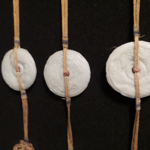 Asian Ceramic Chinese Lantern Medallions on Braided Silk Cord - 6 Mounted in Gold Gilt Frame by Tristina Dietz Elmes 