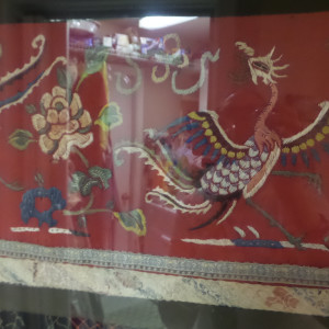 Asian Antique Chinese Embroidered Silk Red Fringed Banner with 2 Phoenix Birds, a Bat and a Butterfly and Flowers by Tristina Dietz Elmes 