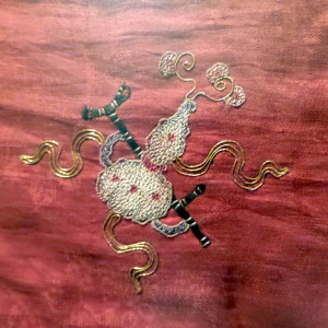 Asian Antique Chinese Embroidered Red Silk Lantern Cover Behind Museum Glass in a Gold Gilt Frame by Tristina Dietz Elmes 