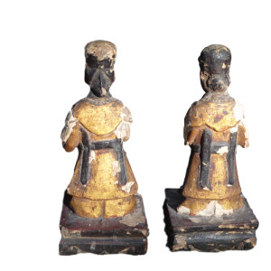 Asian Male and Female Attendant Wood Sculpture with Golden Robes and Red Skin by Tristina Dietz Elmes 