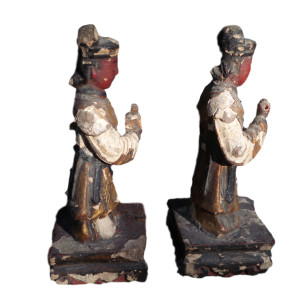 Asian Male and Female Attendant Wood Sculpture with Golden Robes and Red Skin by Tristina Dietz Elmes 