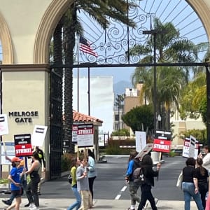 Writers Strike at Paramount Pictures by Lois Keller  Image: The famous gates at Paramount Pictures.