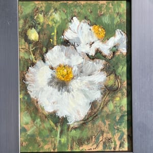 Matilijas in Plein Air by Lois Keller  Image: Framed in a wide brushed silver.