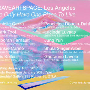Environmental Figures in the Los Angeles Landscape by Lois Keller  Image: #SAVEARTSPACE: Los Angeles

#SAVEARTSPACE is bringing public art to Los Angeles, showcasing 10 local artists - Danielle Garza, Lois Keller, Jung Yun, Gaetanne Lavoie, Shark Toof, Pascaline Doucin-Dahlke, Lucinda Luvaas, Deborah Farnault, Shula Singer Arbel, and Frankie Carino - advertising spaces throughout the area beginning January 16, 2017. The event is organized and curated by #SAVEARTSPACE co-founders Travis Rix and Justin Aversano.

This exhibition is entitled, “We Only Have One Place To Live.”  The artists responded to the most important global concern, which affects all of us—the current and changing state of our natural environment. Recently, scientists and researchers identified that we are now living in the first epoch in Earth’s history where our environment is being actively changed by human activity across our planet.

“We Only Have One Place to Live” aims to explore the tension between human society and the environment; between static and change. This exhibition asked local artists to voice their passionate concerns about how environmental change is affecting our globalized society and also the philosophical and existential questions that arise when we are both the problem, and the potential solution, to the crises our world faces.

Please join us for an Artists Reception on Friday January 20th from 6pm - 9pm at Superchief Gallery, 739 Kohler St, Los Angeles, Ca 90021