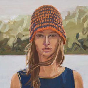Girl with knitted cap and green mountains by Janet Werner