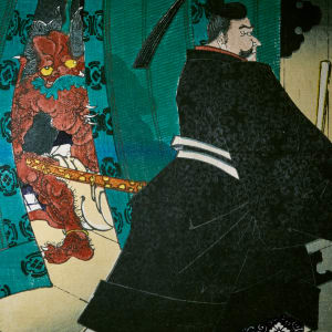 Lord Sadanobu with a Demon Behind a Screen by Tsukioka Yoshitoshi  Image: The printer used a glossy black ink on a separate block to create the subtle brocade pattern on Lord Sadanobu's fine black silk robe.