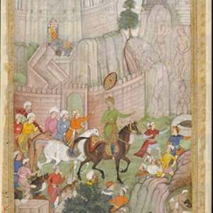 Babur Visiting the Urvahshi Valley in Gwalior, painted ca. 1590 by Dhanraj, artist