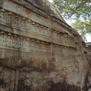 Façade with Bas-reliefs of Jinas, 9th-10th century by Kalugumalai Jain Beds, Tamil Nadu