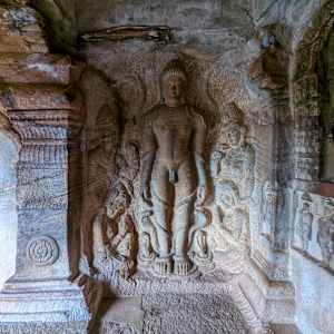 Bahubali with Attendants (left) and Parshva with Attendants (right), 6th -12th centuries by Cave 4, Badami, Karnataka